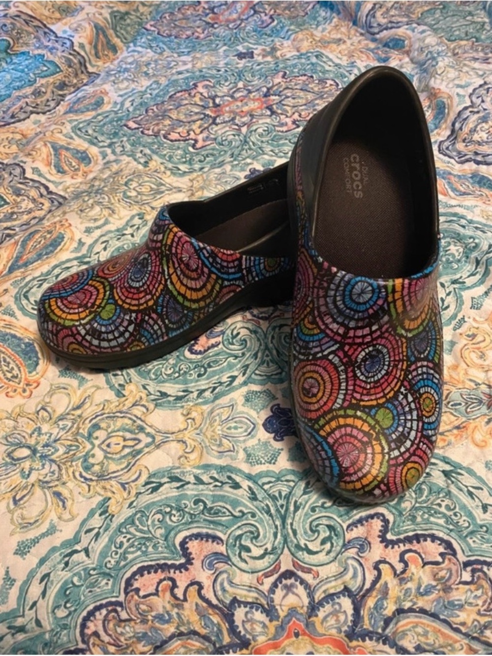 CROCS Women’s Black Slip-On Clogs with Multicolor Mosaic Circles